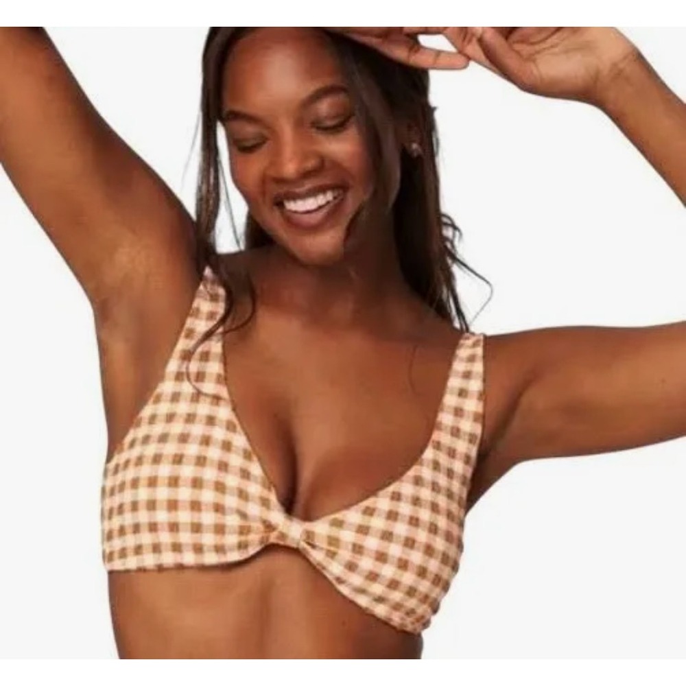 Andie Amor Swim Top Textured Sparrow Caramel Gingham Plaid Bikini Top Est Medium